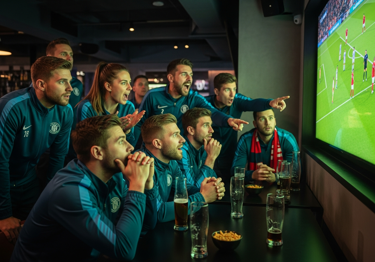 Jogadores a ver um jogo de futebol no ecrã